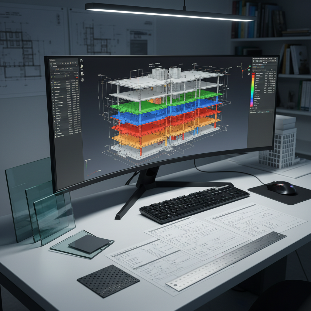 A high-resolution close-up of a structural engineering workstation displaying a detailed finite element analysis of a multi-story concrete frame on a large monitor, with color-coded stress distribution maps and precise numerical data. On the clean white desk, there are open calculation sheets, a high-quality metal ruler, and samples of modern façade materials such as perforated aluminum panels and energy-efficient glass. Cool, even artificial lighting from above creates a neutral, technical atmosphere, adding subtle reflections on the monitor and metallic surfaces. Photographic realism, shot from a slightly elevated angle, focusing sharply on the screen and nearby tools, with the background gently blurred. The mood is analytical, exact, and innovative, emphasizing advanced engineering methods and reliable structural design for modern buildings.